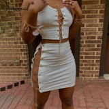 Simenual Lace Up Bandage Sexy Hot Women 2 Piece Sets Sleeveless Party Club Hollow Out Outfits Slim Crop Top And Skirt Co-ord Set