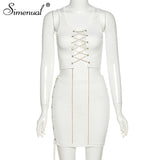 Simenual Lace Up Bandage Sexy Hot Women 2 Piece Sets Sleeveless Party Club Hollow Out Outfits Slim Crop Top And Skirt Co-ord Set