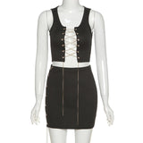 Simenual Lace Up Bandage Sexy Hot Women 2 Piece Sets Sleeveless Party Club Hollow Out Outfits Slim Crop Top And Skirt Co-ord Set