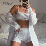 FSDA Summer Ribber Women Set White Spaghetti Strap Crop Top And Mini Biker Shorts Embroidery Two Piece Sets Sexy Outfit Party