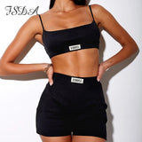 FSDA Summer Ribber Women Set White Spaghetti Strap Crop Top And Mini Biker Shorts Embroidery Two Piece Sets Sexy Outfit Party