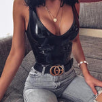 Ellolace Leather Black Bodysuit Women Female 2020 V-Neck Backless Jumpsuit Sexy Bodycon Bodys Summer Pu Black Bodysuits Female