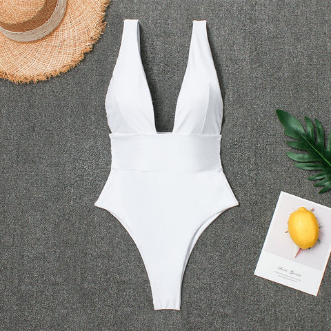 Deep V White Monokini Plunging Thong Bathing Suit